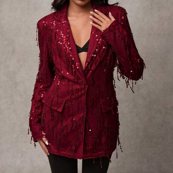 burgundy Party Women's Sequin Patchwork Lapel Neck Long Sleeve Blazer Jacket - Picture 1 of 7